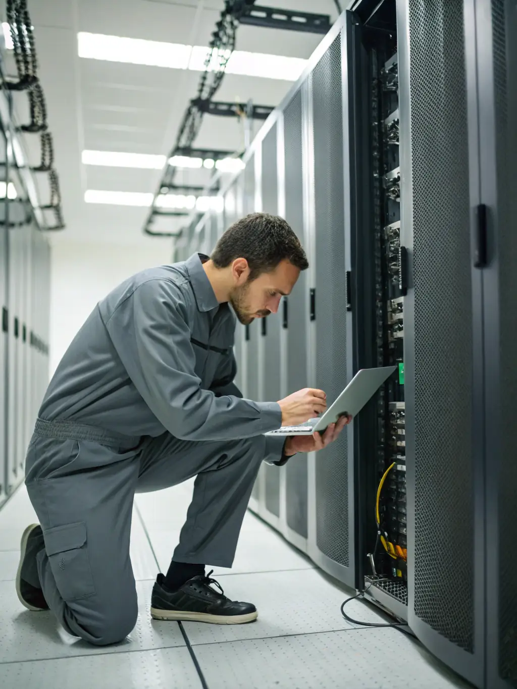A technician in a DataTel 360 uniform working late at night in a server room, illuminated by the glow of server lights, symbolizing 24/7 availability.