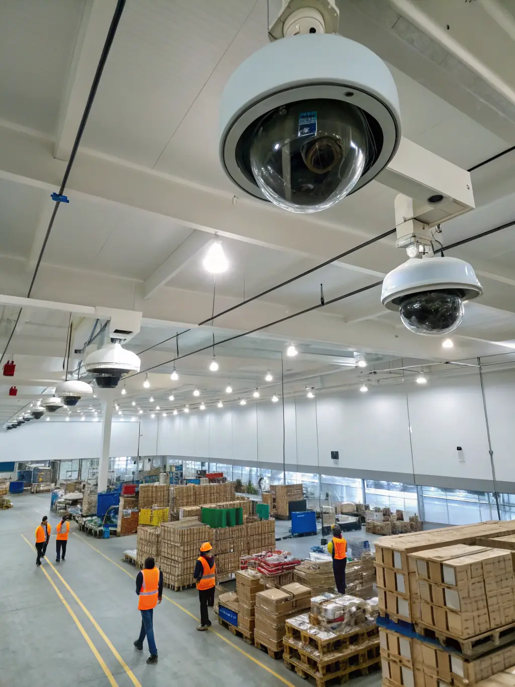 A bustling warehouse with industrial Wi-Fi access points, barcode scanners, and networked security cameras, emphasizing robust cabling in logistics and distribution.