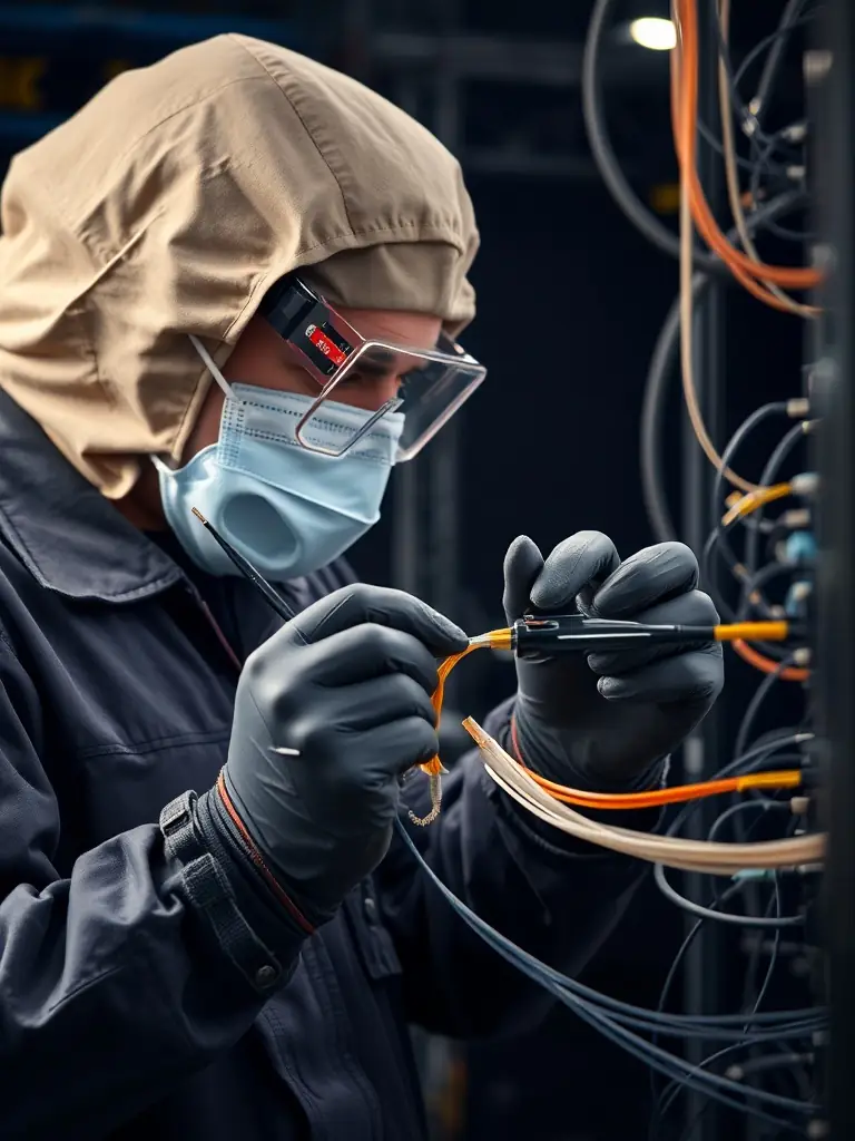 A skilled technician carefully splicing and terminating fiber optic cables, using precision tools to ensure minimal signal loss and optimal performance.