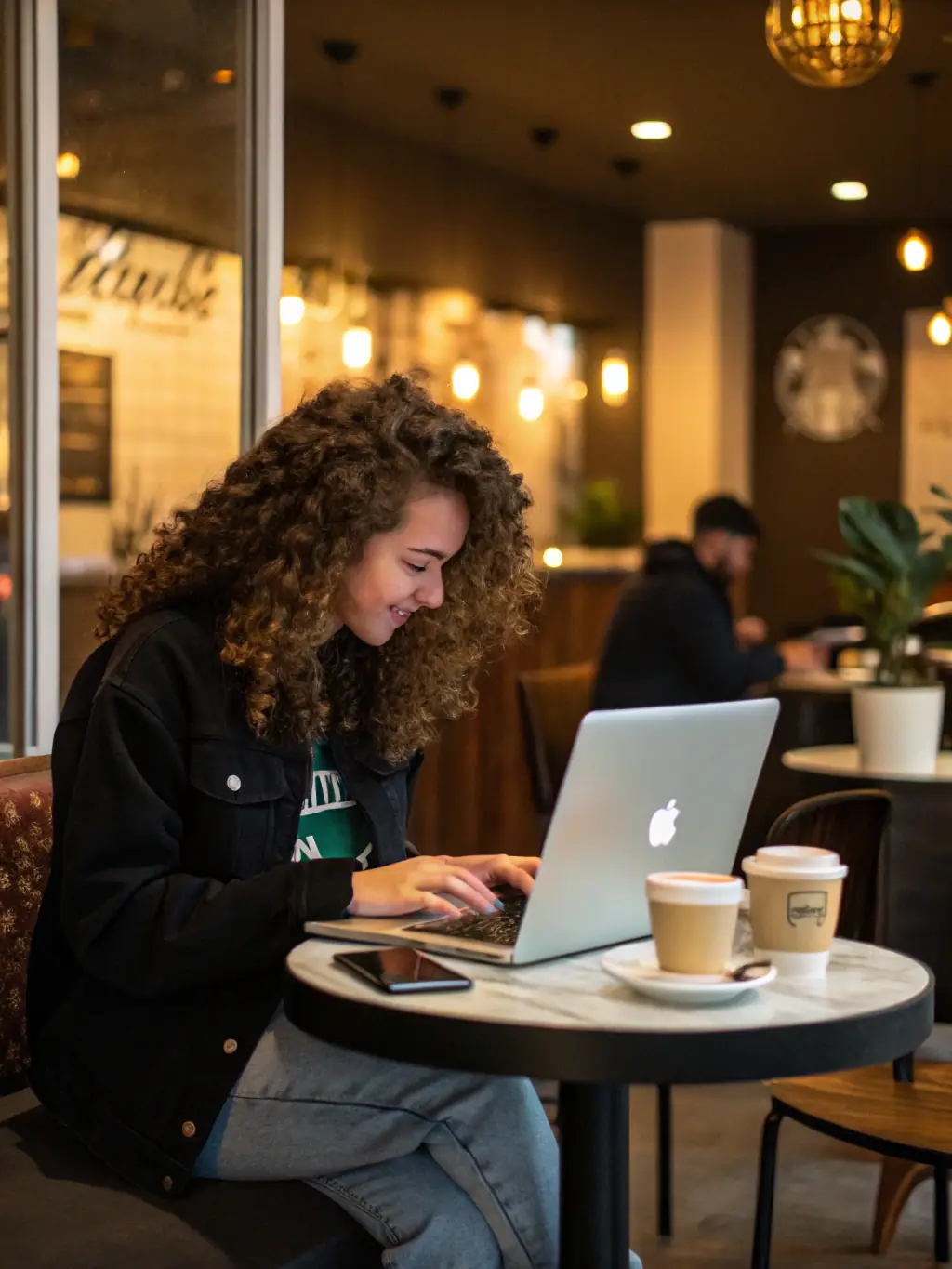 A person using a mobile VoIP app on their smartphone while working remotely from a coffee shop, showcasing the flexibility of mobile communication.