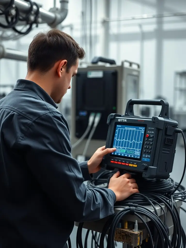 An OTDR testing device displaying detailed diagnostic data, with a technician analyzing the results to identify and resolve any potential issues in the fiber optic cable.