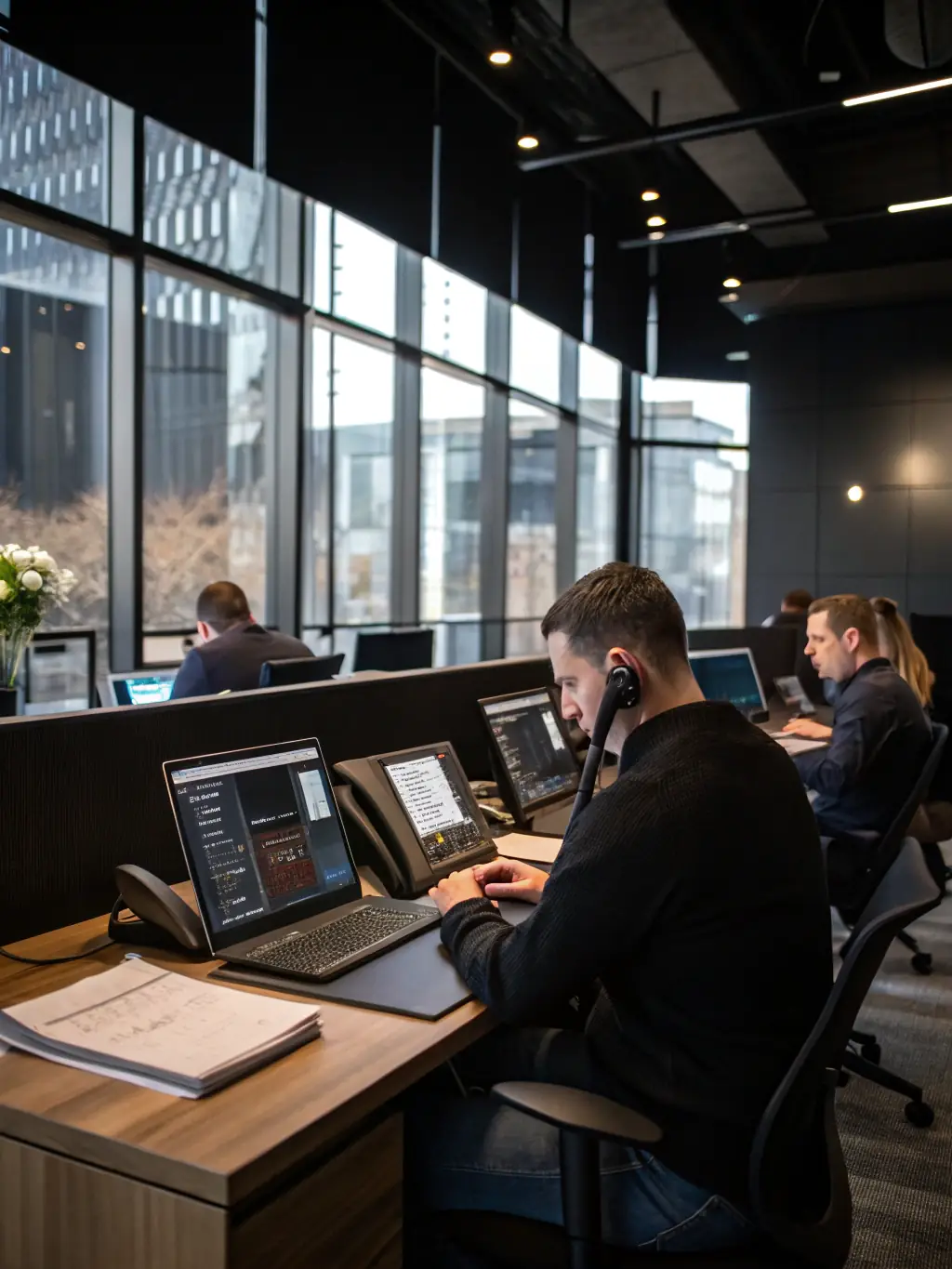 A modern office setting with employees using VoIP phones, showcasing DataTel 360's VoIP phone system services.