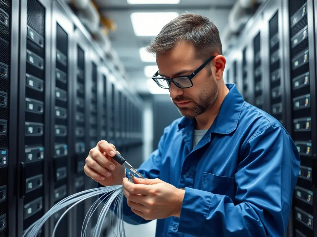 A close-up shot of a fiber optic cable being professionally spliced by a DataTel 360 technician in a clean, modern server room environment, showcasing precision and expertise.