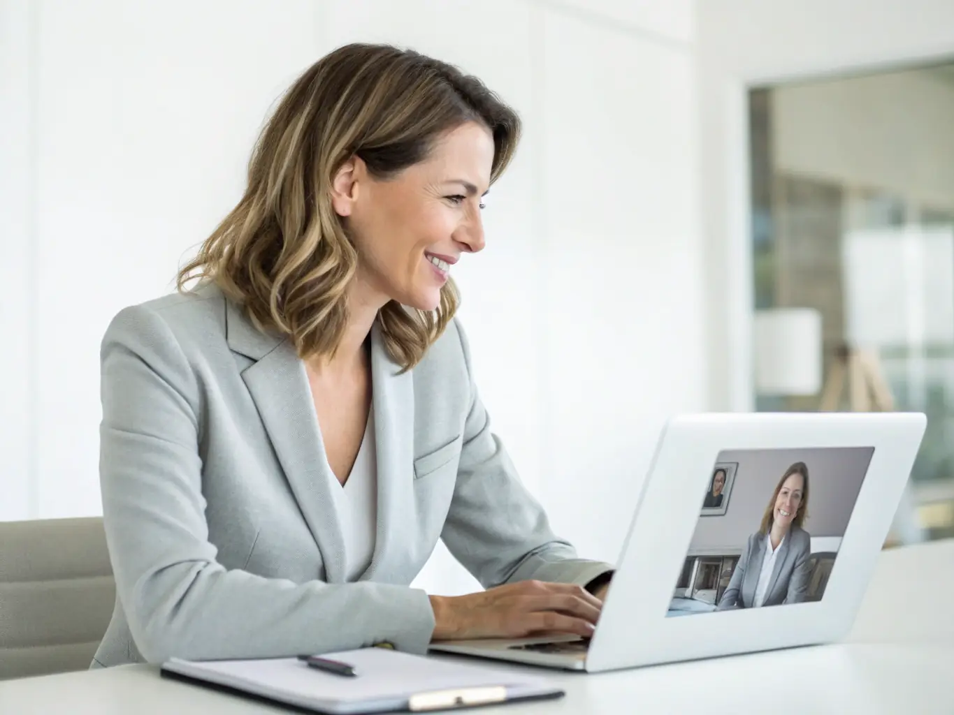 A professional working remotely at a modern desk, participating in a clear and crisp video conference call, showcasing the improved clarity and connectivity provided by DataTel 360's AI-Powered VoIP service.