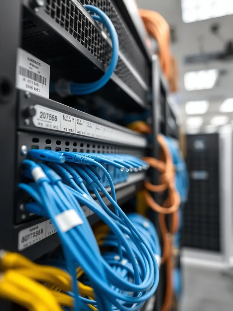 A close-up of a neatly organized and labeled fiber optic patch panel, emphasizing DataTel 360's attention to detail and professional cable management.