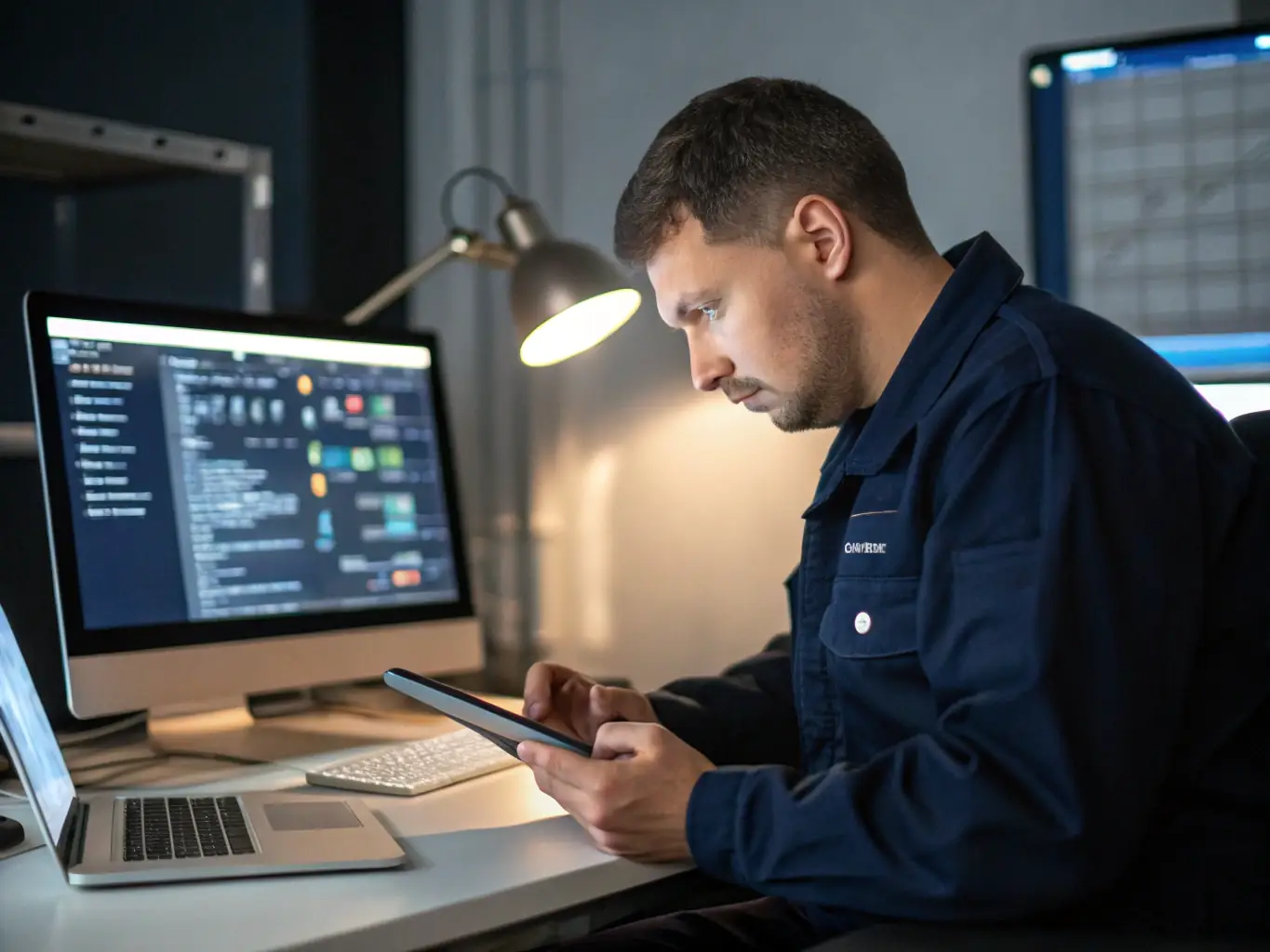 A technician reprogramming a phone system, emphasizing the reprogramming service.
