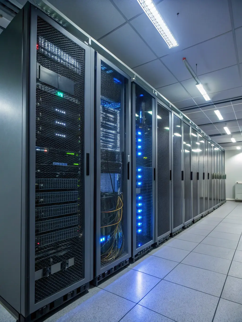 A wide shot of a clean and organized server room, highlighting the structured cabling installed by DataTel 360, with neatly bundled and labeled cables.