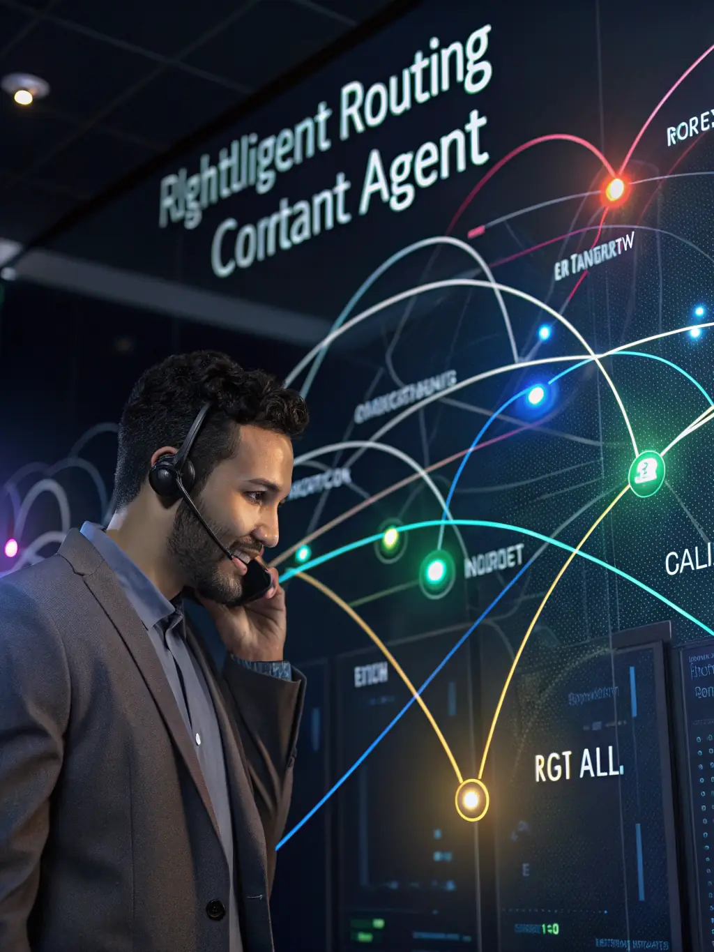 An illustration depicting a smart routing system directing calls to the appropriate departments or individuals within a business.