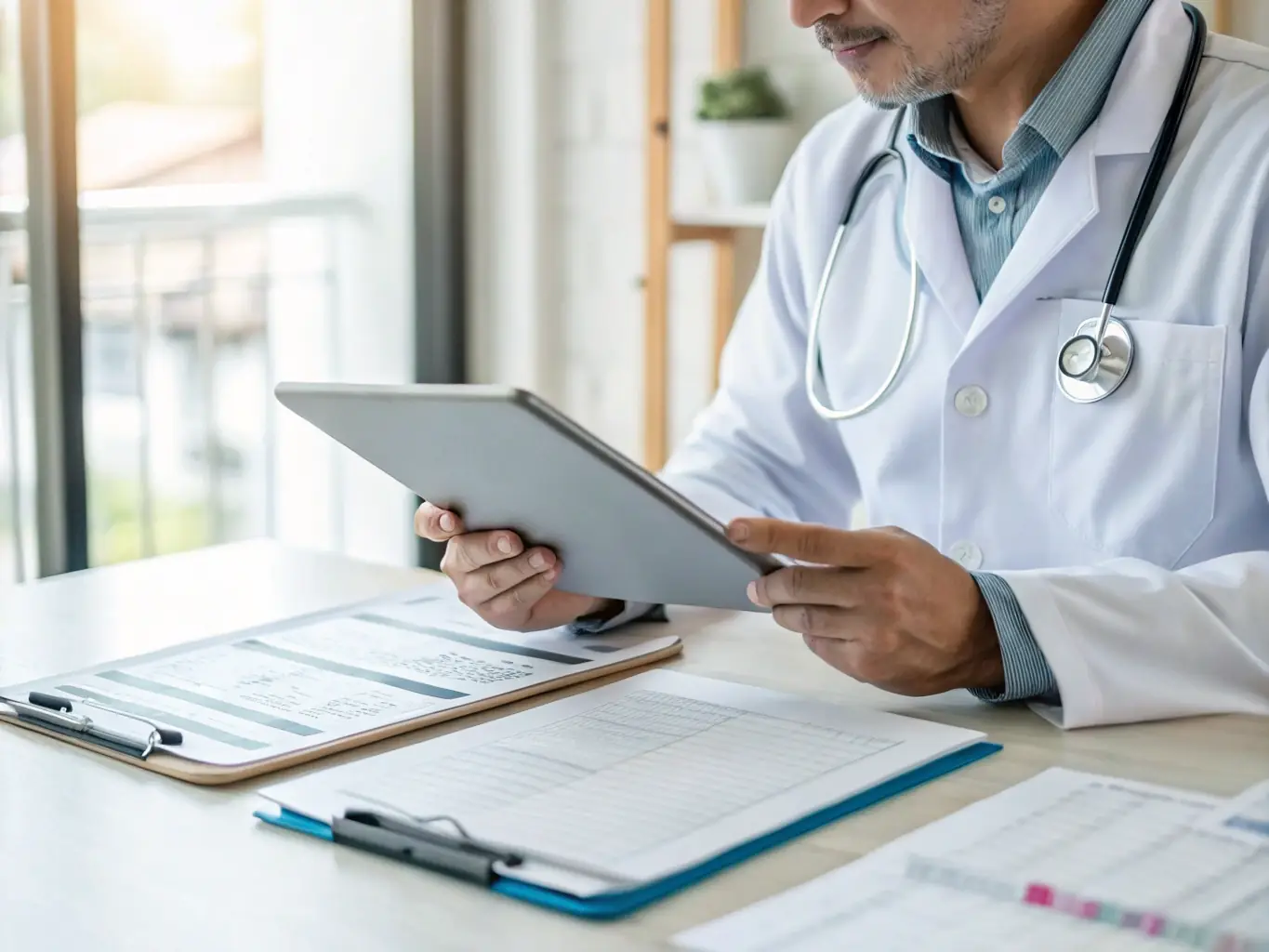 A professional doctor wearing a stethoscope and using a tablet in a modern hospital setting, representing the healthcare industry's need for secure and reliable IT infrastructure.