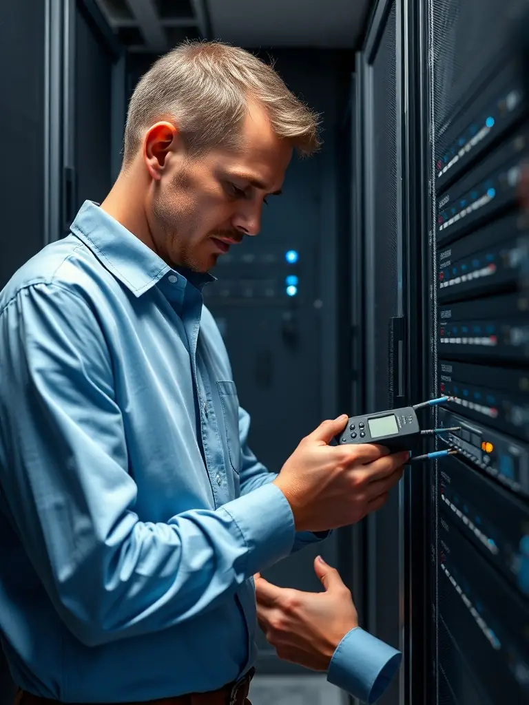 A close-up shot of a DataTel 360 technician using specialized testing equipment to certify a network cable installation, highlighting their expertise and commitment to quality.