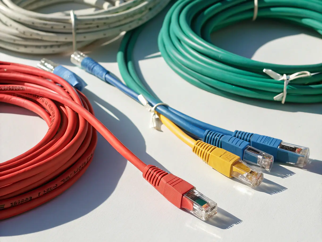 A close-up shot of a Cat5e cable with visible internal wiring, highlighting its basic construction and suitable for legacy network applications in a small office environment.