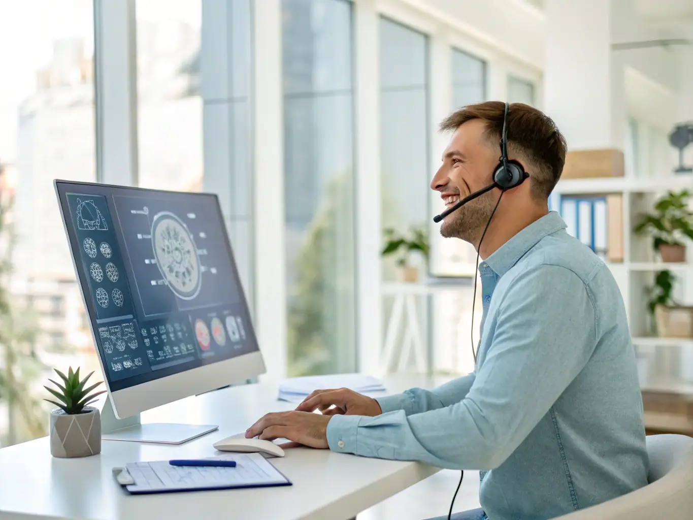 A customer service representative efficiently handling inquiries with the assistance of AI tools, demonstrating faster response times and improved customer satisfaction.