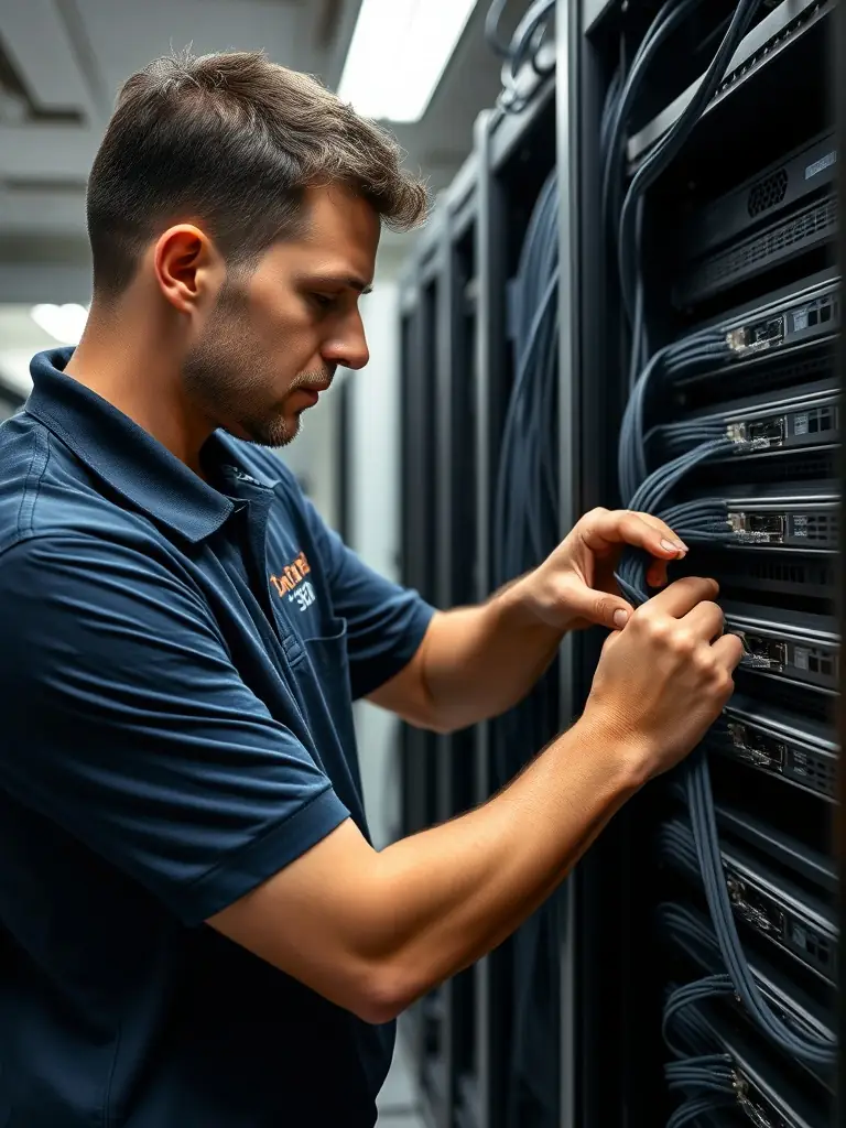 A technician using a cable tester to verify the integrity and performance of a structured cabling installation, highlighting reliability.