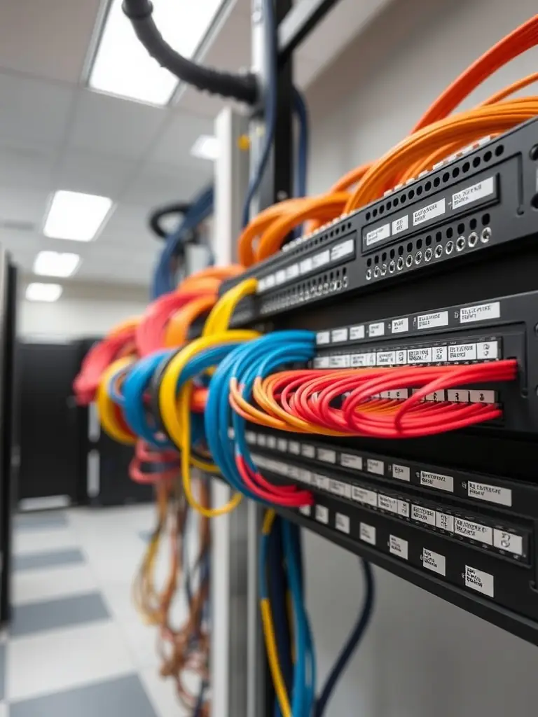 A neat and organized structured cabling installation in a modern office environment, showcasing labeled cables and patch panels.
