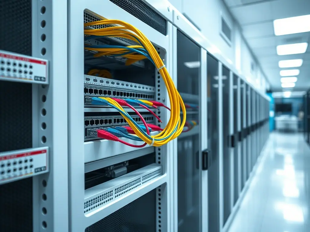 An open-plan office space with newly installed and neatly managed network cables running along the walls and ceilings.