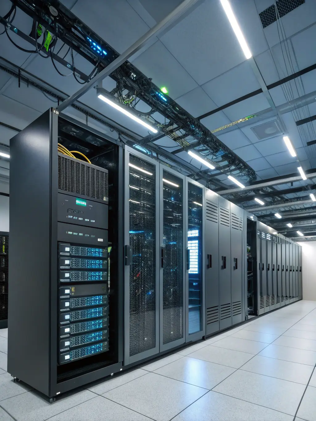A photo of a server room with both physical servers and cloud infrastructure, illustrating the integration of hybrid VoIP solutions.