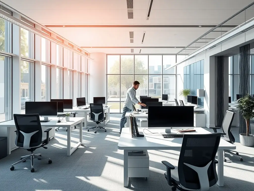 A modern office space with visible network cabling, representing DataTel 360's services for corporate clients, focusing on structured cabling solutions.