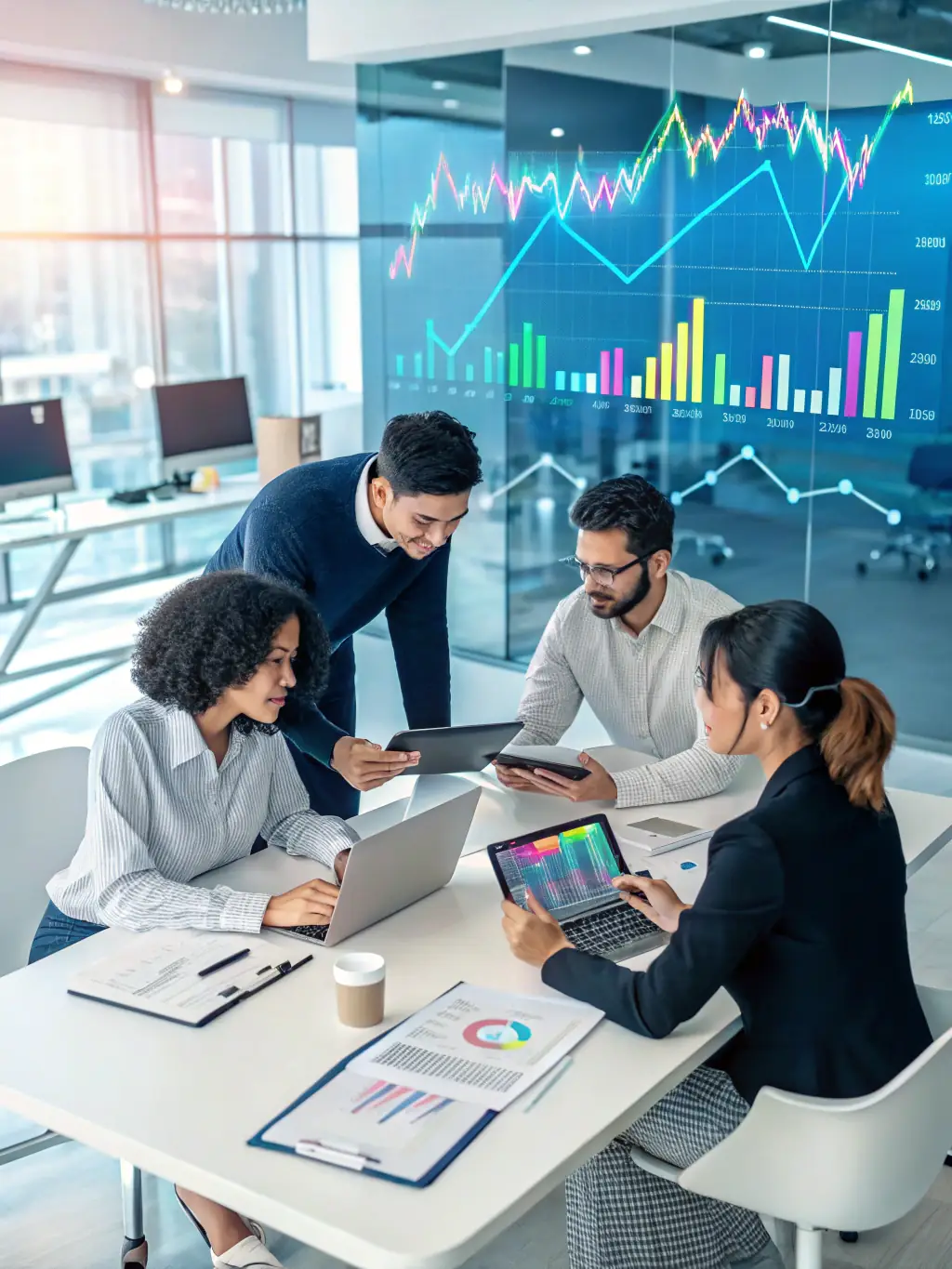 A sales team collaborating around a large display showing AI-generated insights from recent sales calls, including sentiment analysis and key topic identification.
