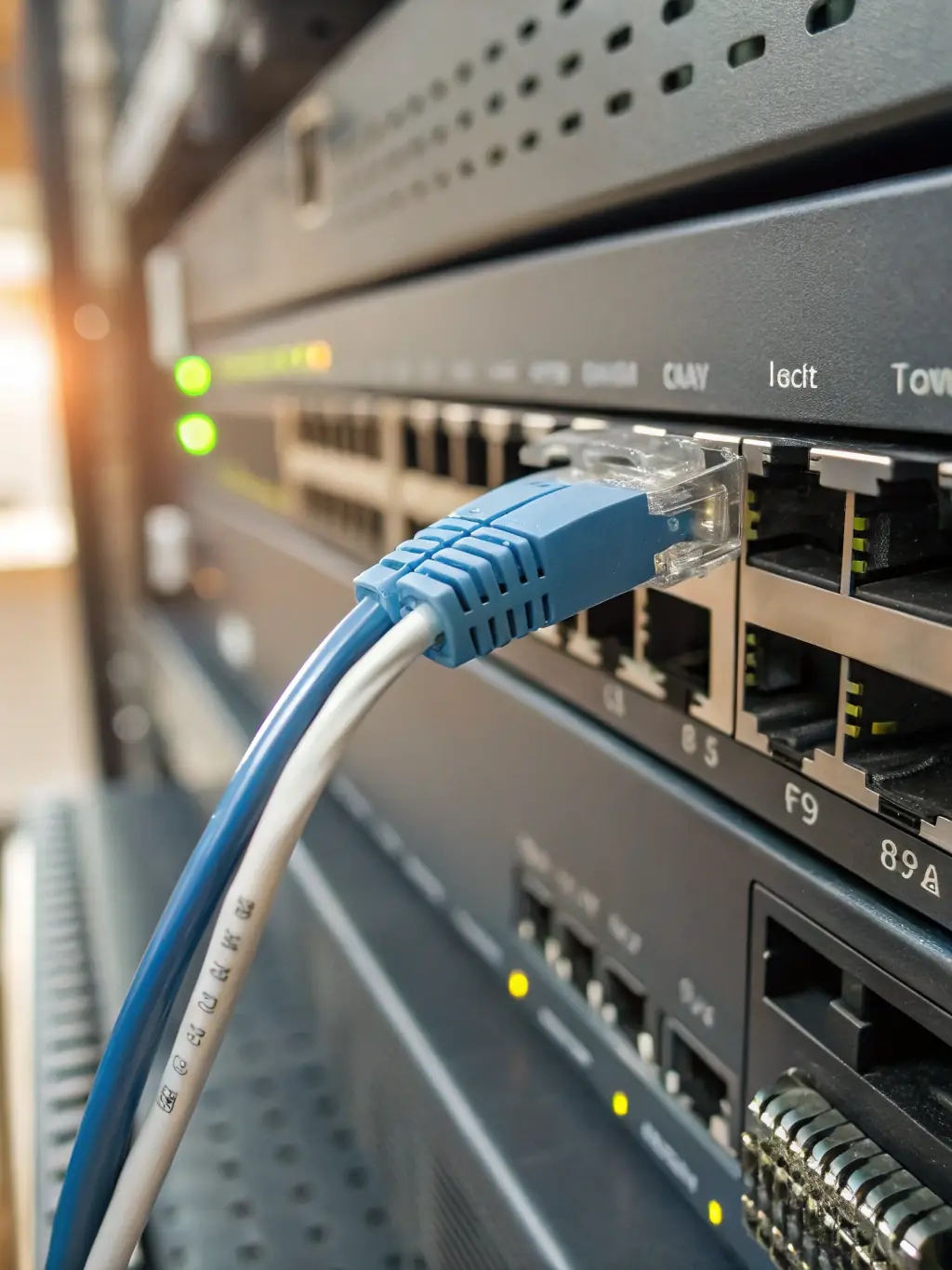 A close-up of high-quality Cat6A cables transmitting data at high speeds, demonstrating the performance benefits of structured cabling.