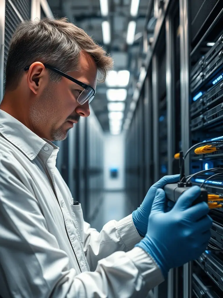 A technician meticulously splicing fiber optic cables in a clean, well-lit data center environment, showcasing DataTel 360's precision and expertise in fiber splicing.