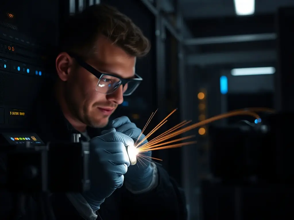 A close-up shot of a technician carefully splicing fiber optic cables, highlighting the precision and expertise required for a reliable fiber optic installation.