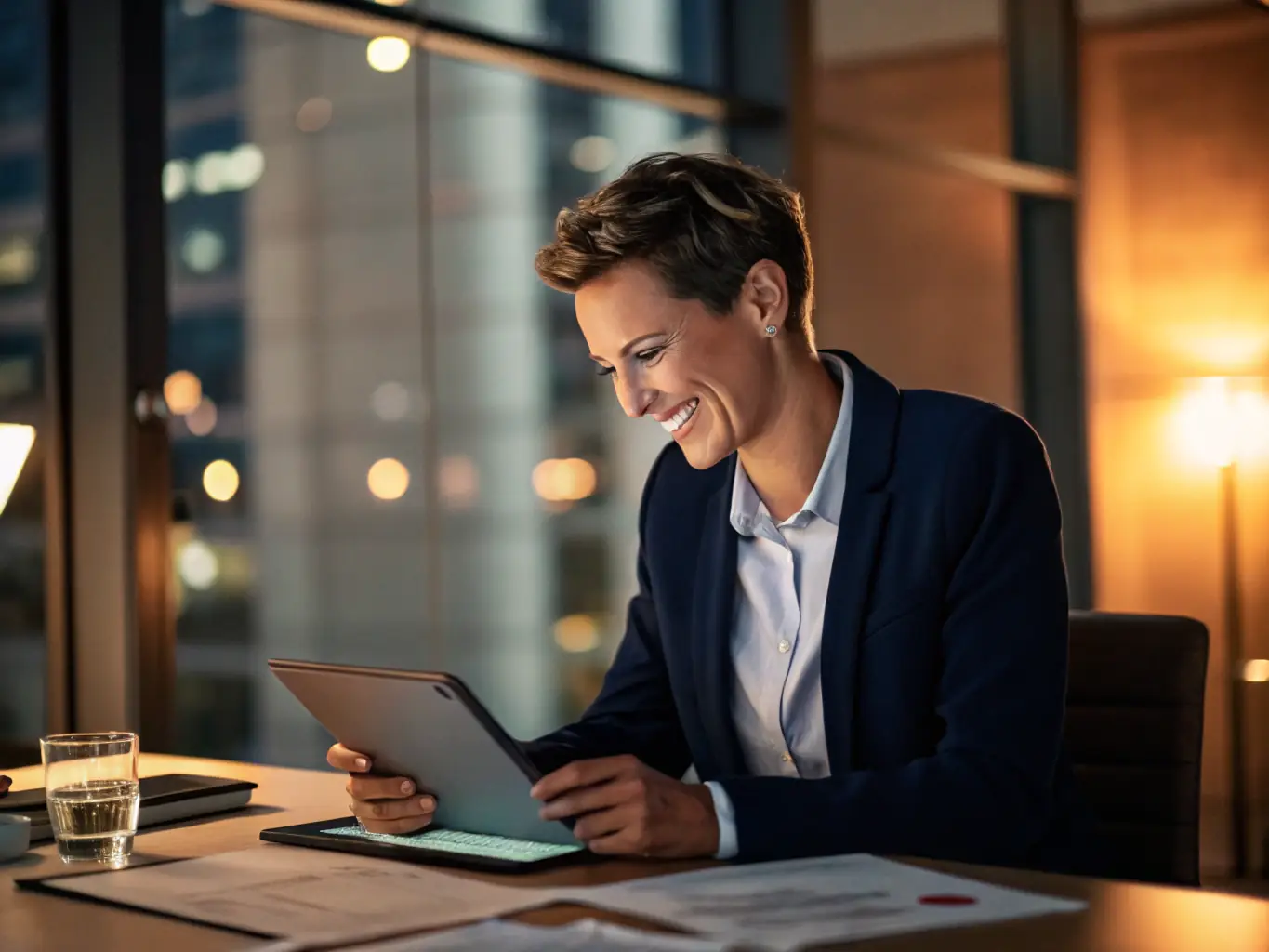 A professional business woman is efficiently managing calls using an advanced auto attendant feature on her cloud phone system, showcasing the seamless call routing capabilities.