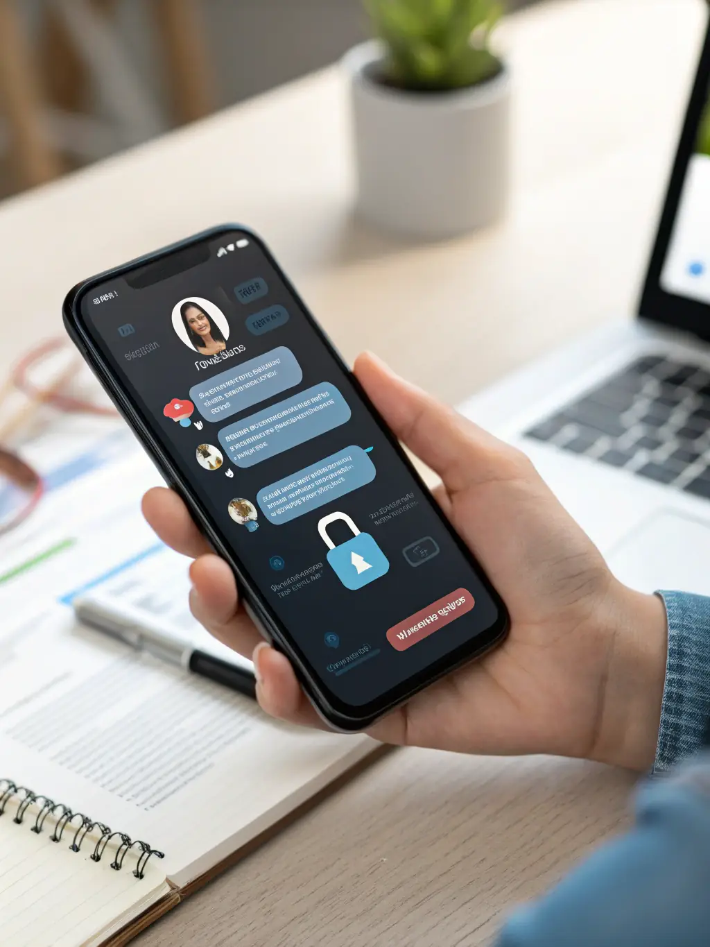 A smartphone displaying an SMS conversation within the DataTel 360 mobile VoIP app, highlighting the integrated messaging capabilities.