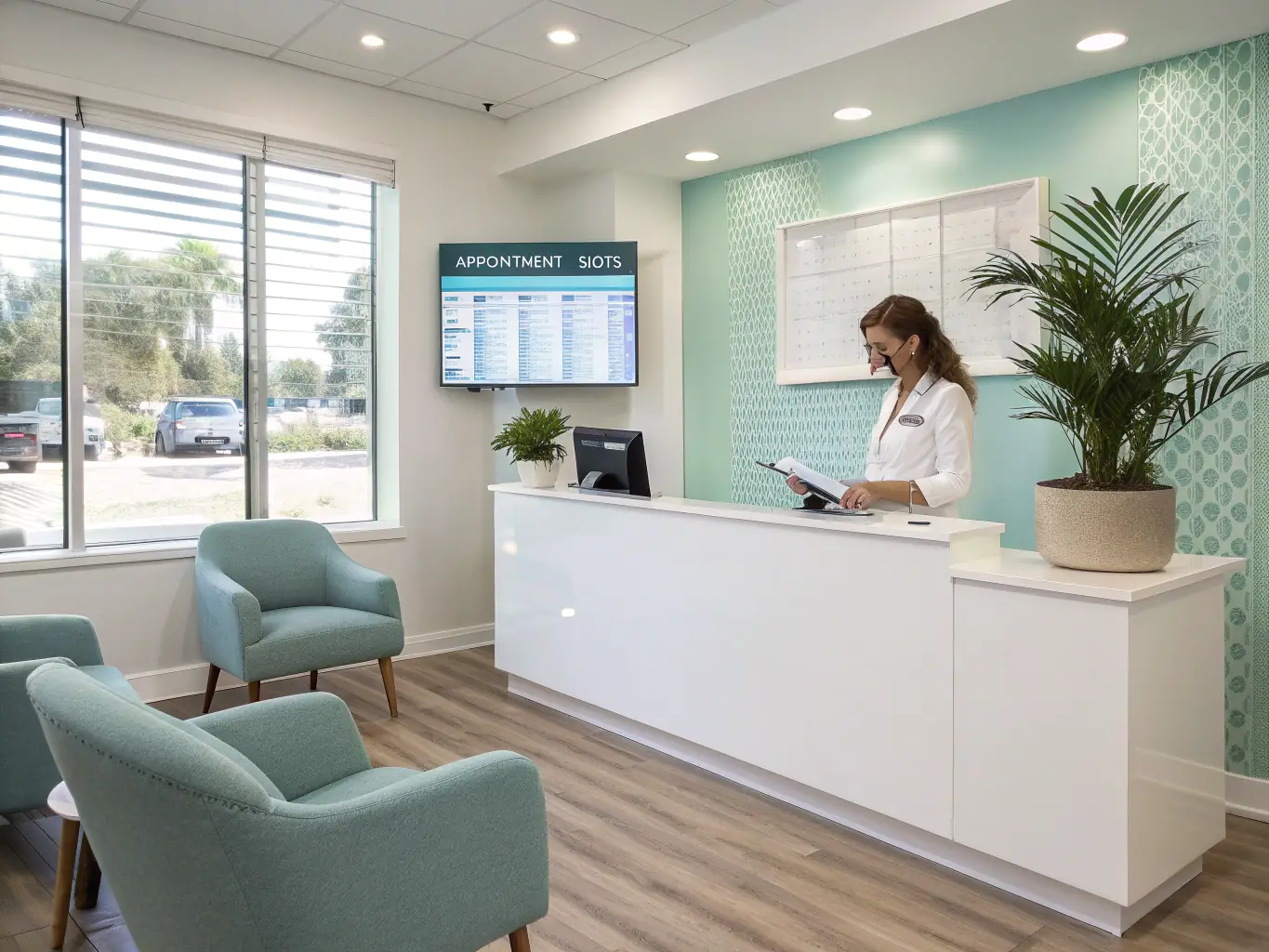 A modern medical office reception area with a friendly receptionist assisting a patient, showcasing the AI Receptionist's application in healthcare.