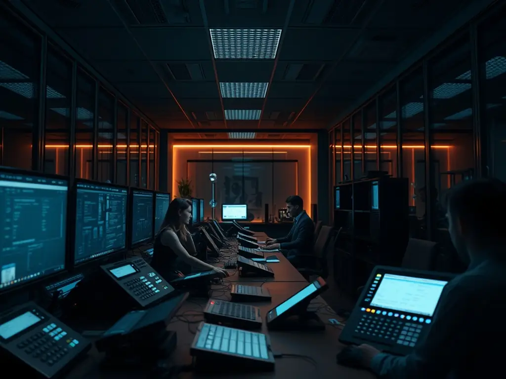 A professional office setting with employees looking stressed due to handling multiple phone calls, symbolizing missed opportunities and overwhelmed staff before implementing an AI receptionist.