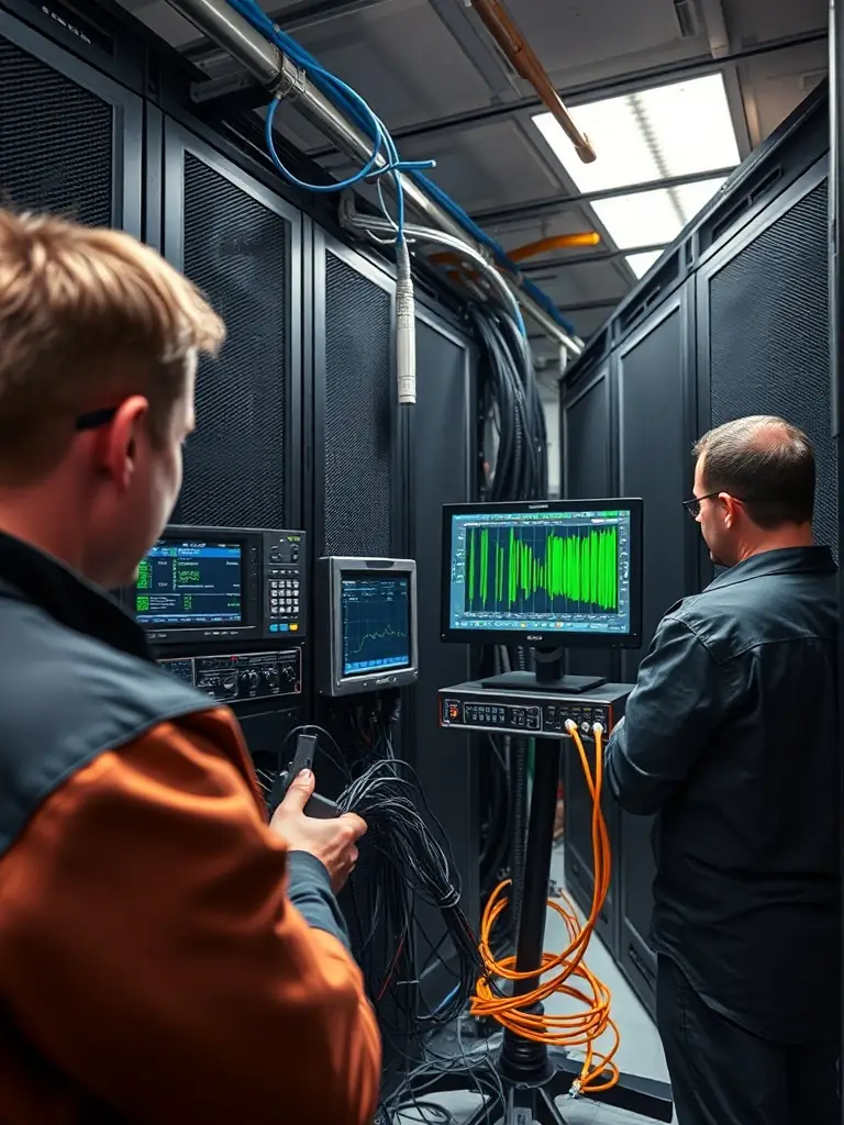 A technician using an OTDR (Optical Time Domain Reflectometer) to test and certify the installed fiber optic cables, verifying signal strength and identifying any potential issues.