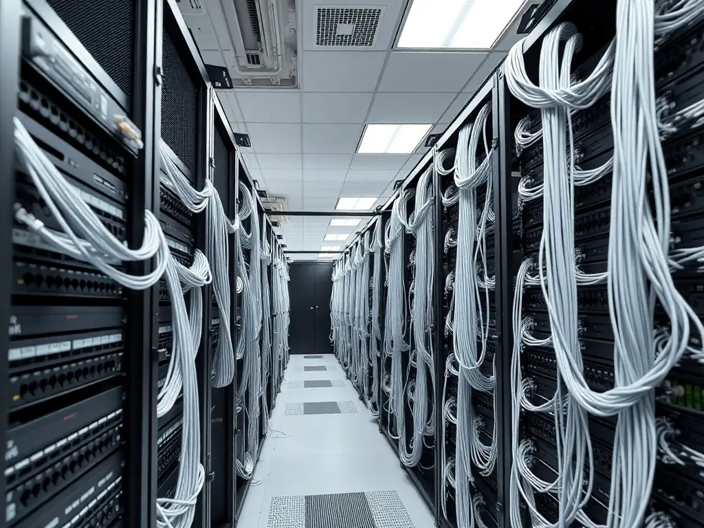 A professionally installed Cat6 cable setup in a modern office environment, highlighting organized and labeled cables running through a server rack.