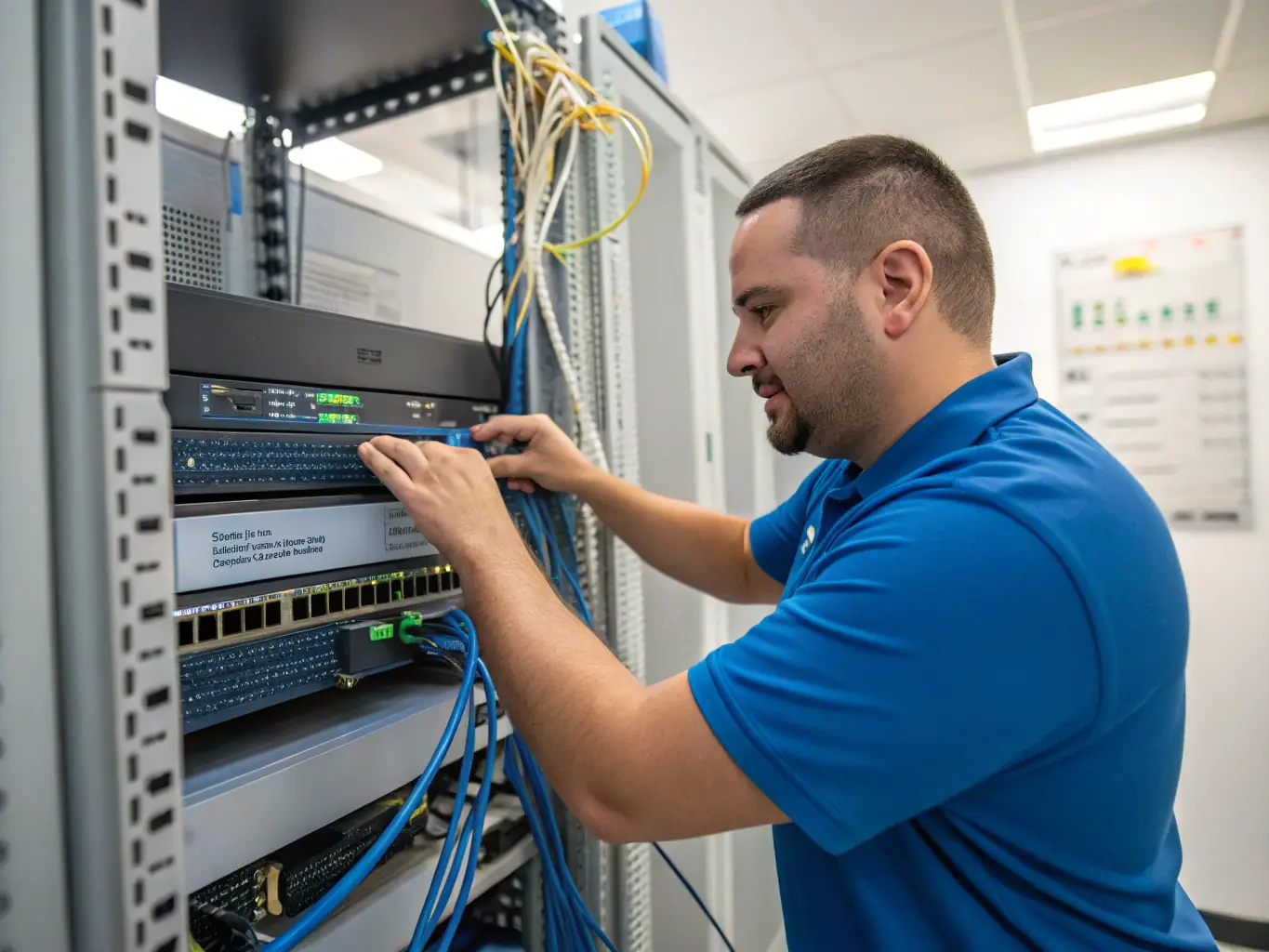 A wide shot of DataTel 360 technicians conducting a site survey in a modern office environment, using measuring tools and taking notes, with visible network cables and equipment in the background.