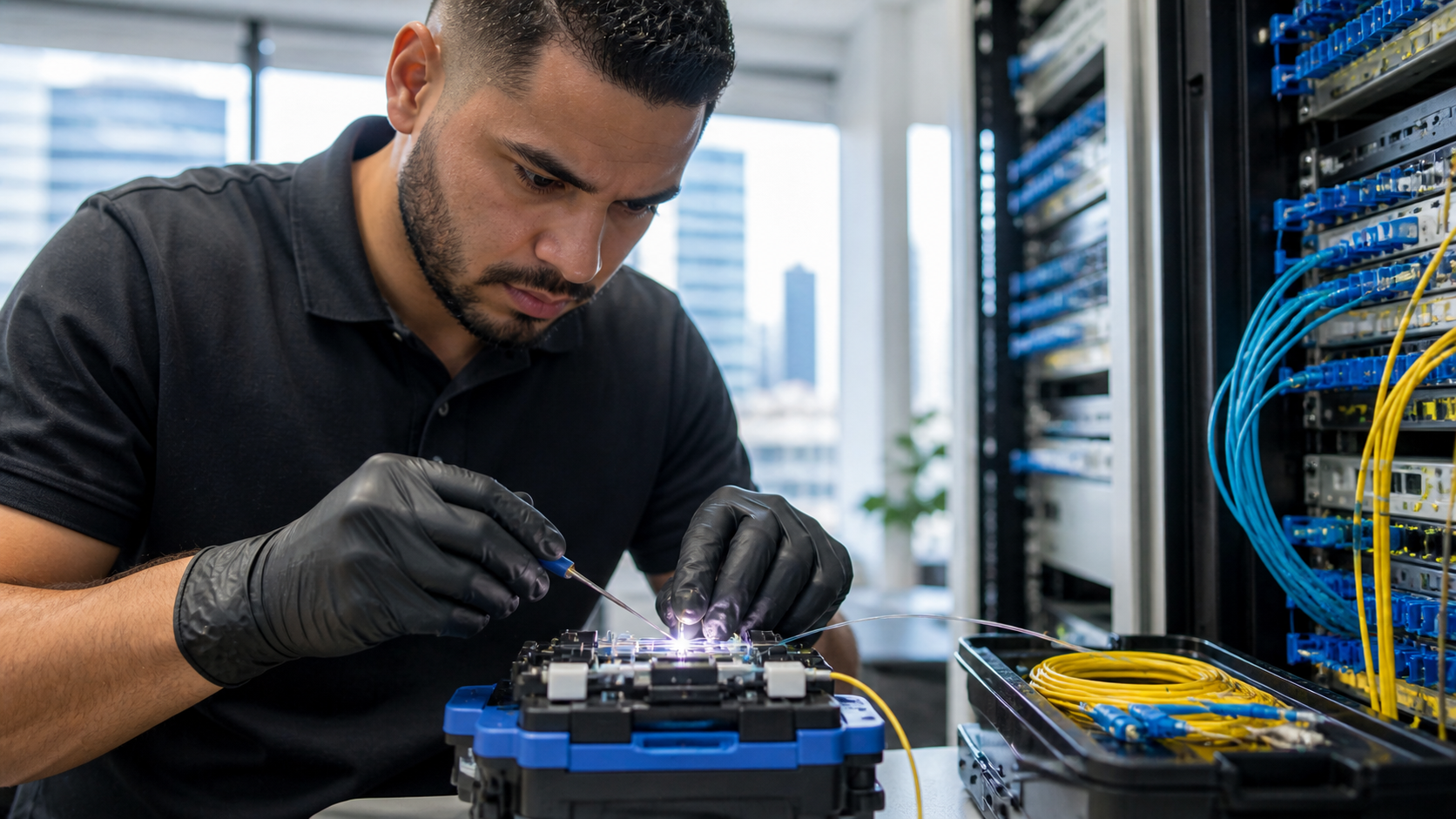 Fiber optic technician repairing cable in Atlanta office using fusion splicing equipment