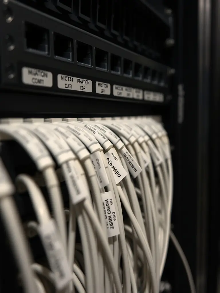 A photo showcasing clearly labeled Cat6 cables in a patch panel, with each cable neatly identified for easy management and troubleshooting. The labels are professional and easy to read.