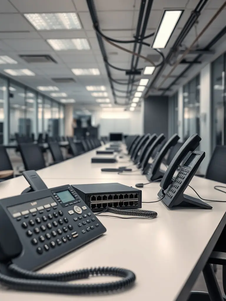 A modern office space in Atlanta with visible network cabling and VoIP phones, showcasing DataTel 360's expertise in office IT infrastructure.