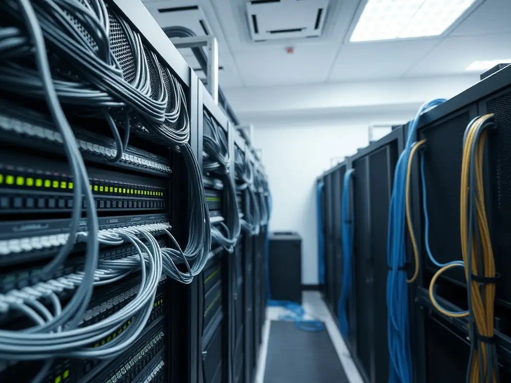 A clean and organized server room with neatly arranged Cat6 cables connected to patch panels and network switches, showcasing professional cable management.