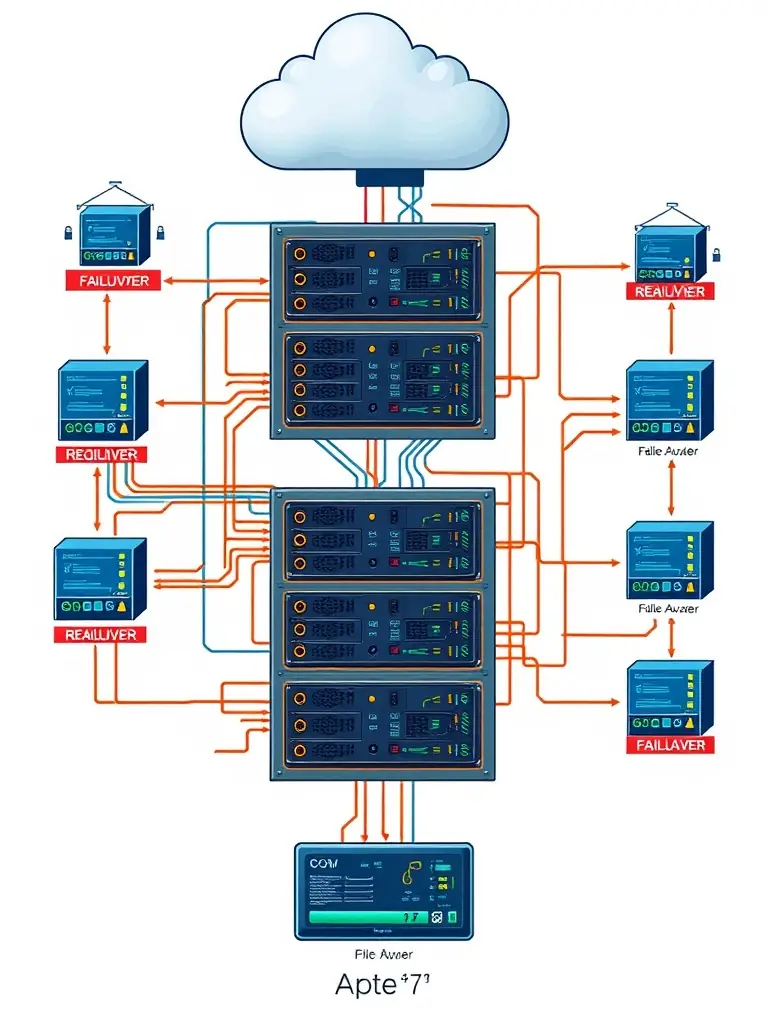 A network diagram illustrating a failover configuration, highlighting the redundancy and automatic switchover capabilities, ensuring business continuity.