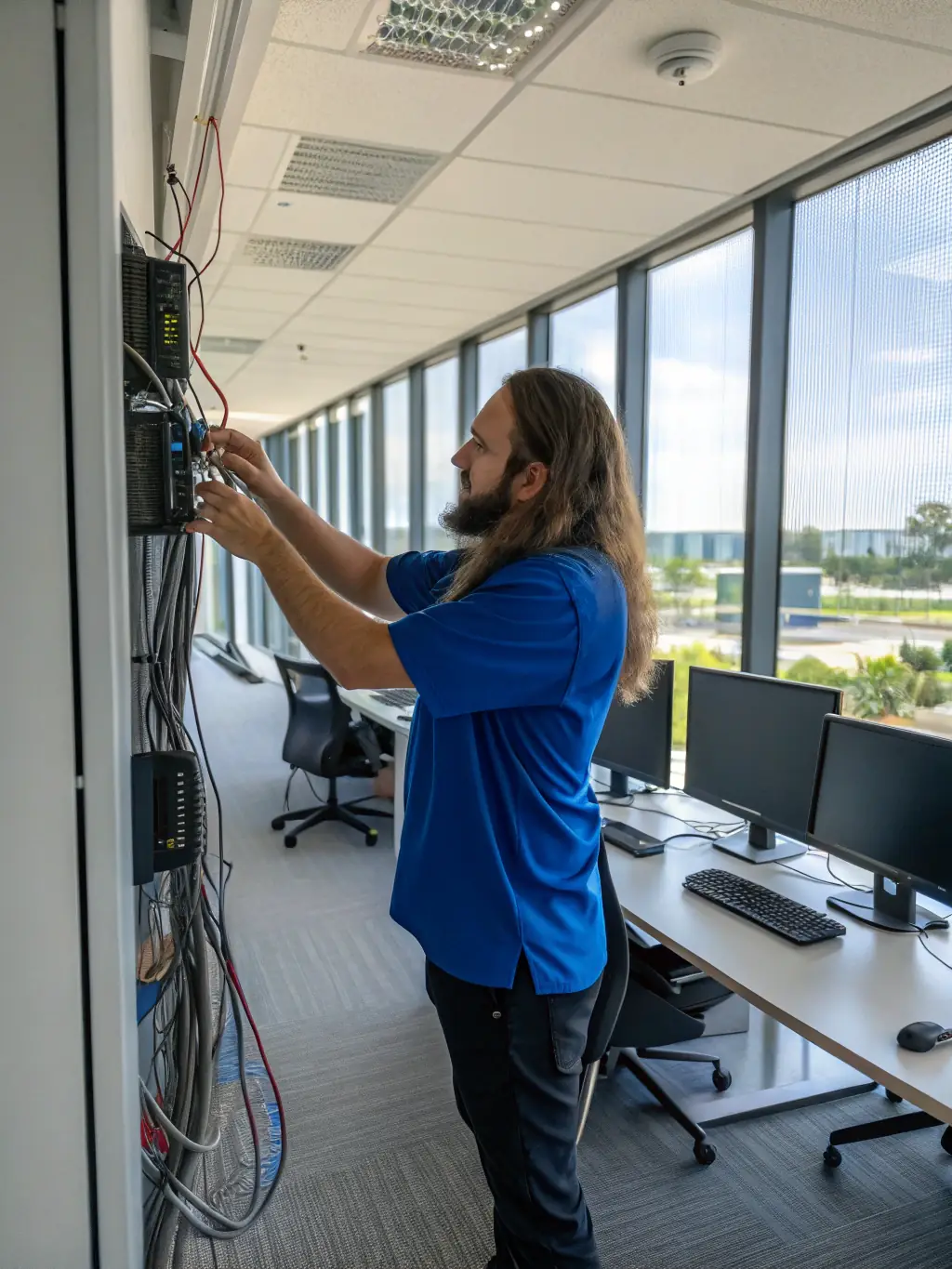 A DataTel 360 technician providing on-site support at a client's office, resolving a network issue with a laptop.