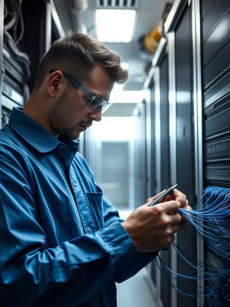 A technician splicing fiber optic cables with precision, inside a data center environment in Atlanta.