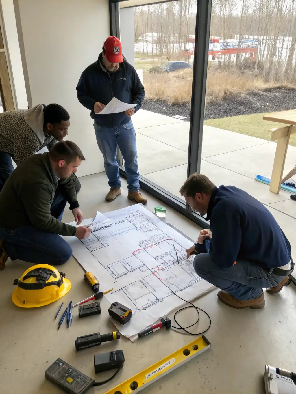 A team of DataTel 360 engineers reviewing a detailed cabling design plan before installation begins. The plan includes cable routes, termination points, and equipment locations.