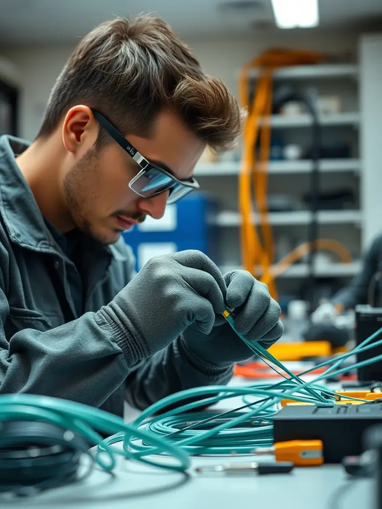 A close-up shot of a technician splicing fiber optic cables with precision, emphasizing DataTel 360's expertise in fiber optic emergencies.