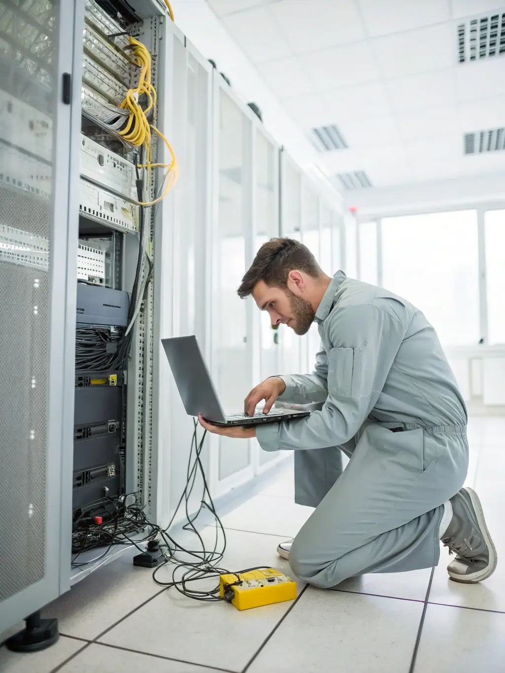 A technician providing on-site IT support, showcasing the hands-on approach and expertise of the support team, fitting for DataTel 360's Managed IT & Smart Hands service.