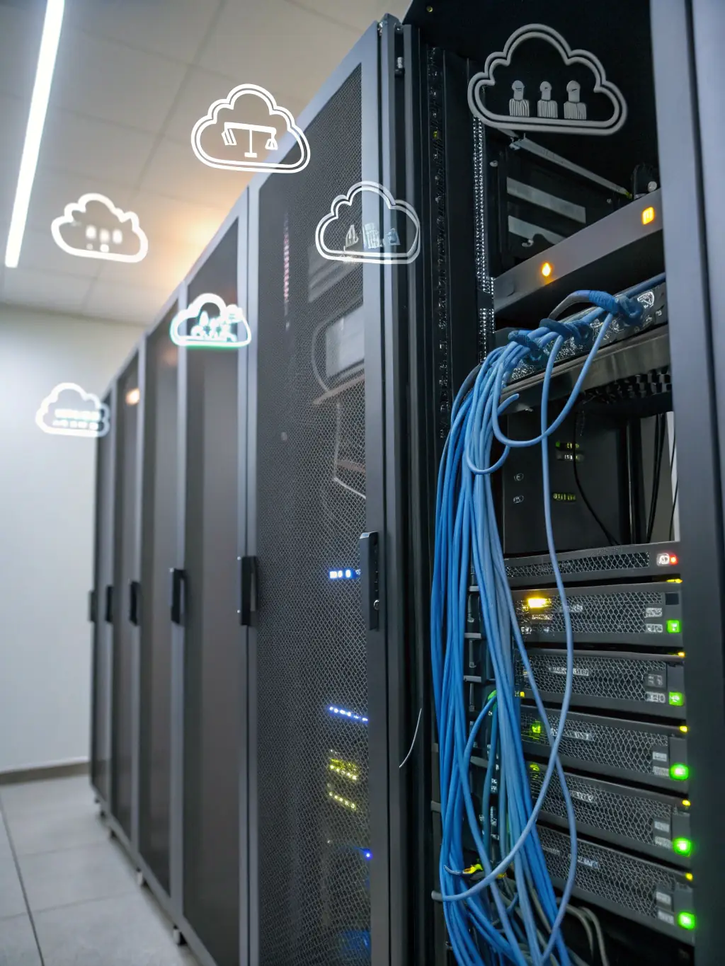 A server room with cloud infrastructure, illustrating the reliability and scalability of cloud-based PBX solutions.