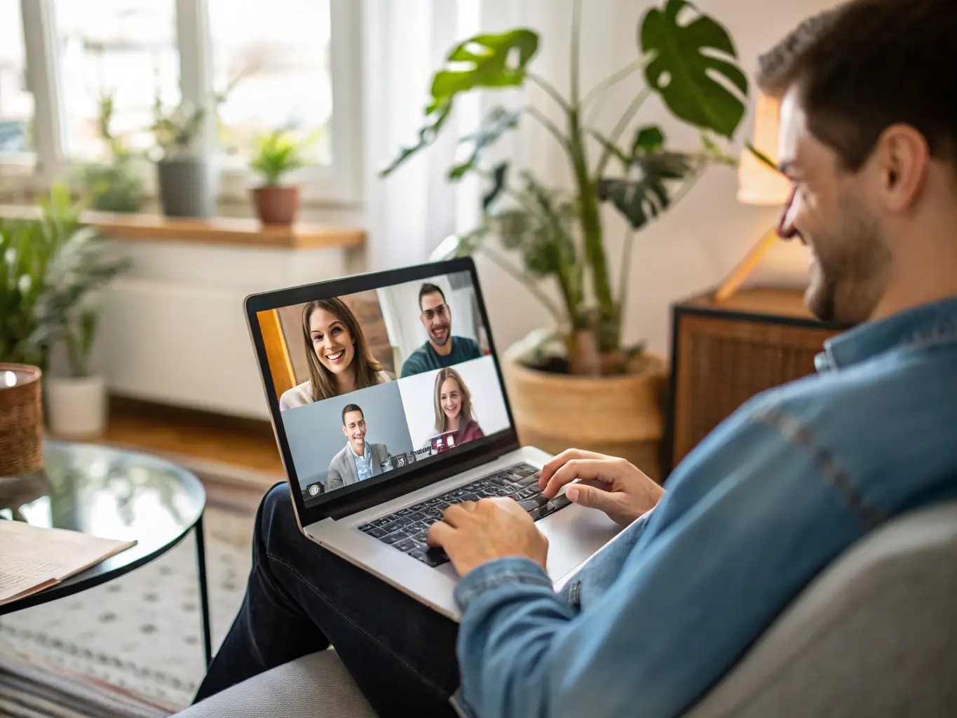 A dispersed team working remotely from various locations, connected through a cloud-based phone system, showcasing the flexibility of remote team communication.