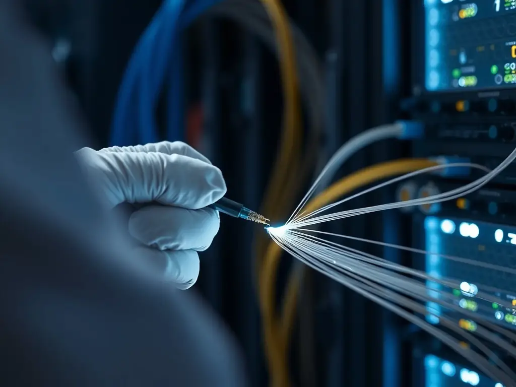 A technician meticulously splicing fiber optic cables in a clean, well-lit environment, showcasing precision and attention to detail.