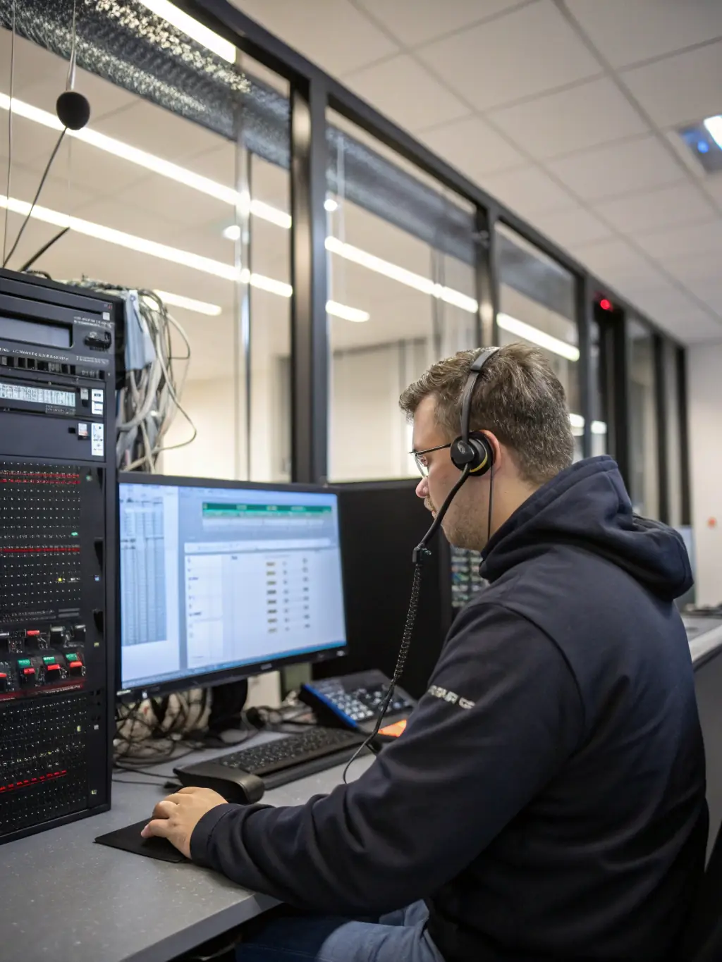 A technician troubleshooting a VoIP phone system issue in a busy office environment, showcasing DataTel 360's VoIP support.