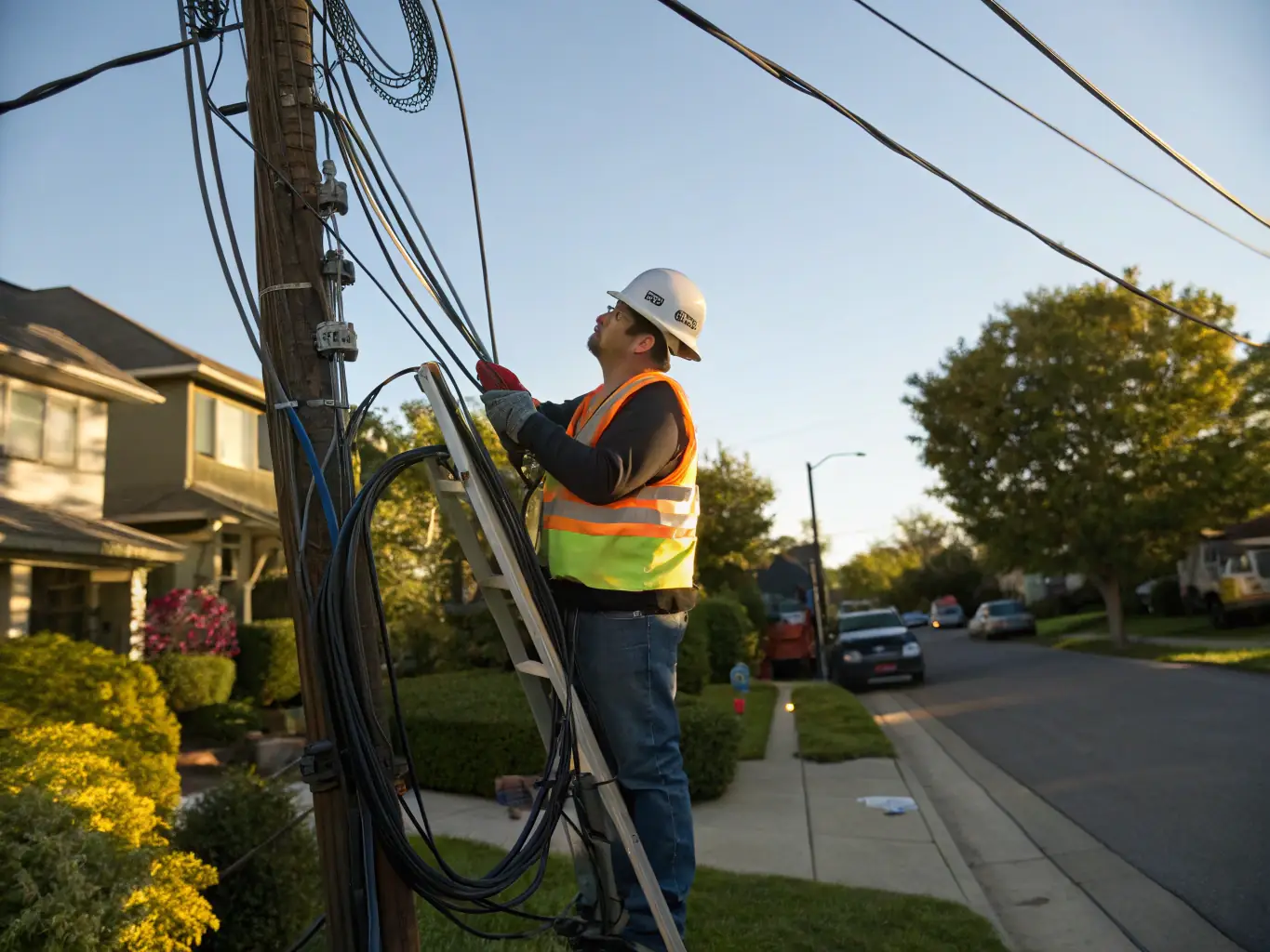 A technician working on a damaged fiber optic cable in an outdoor setting, emphasizing the ability to handle emergency repairs in any environment.