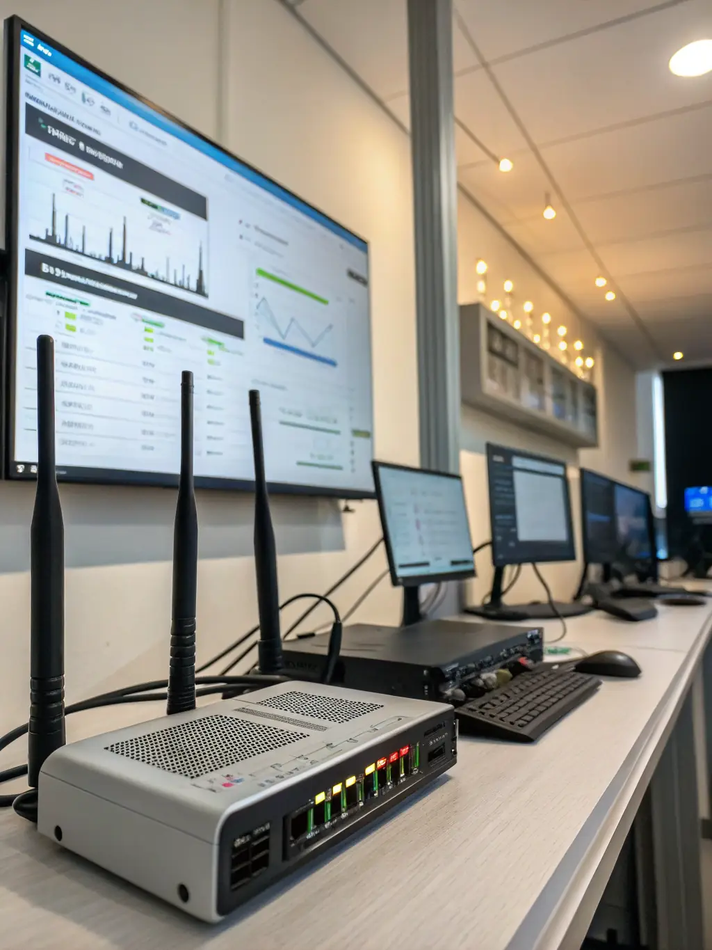 A spacious warehouse interior with visible network cabling and wireless access points, highlighting the importance of robust connectivity in a large industrial setting.