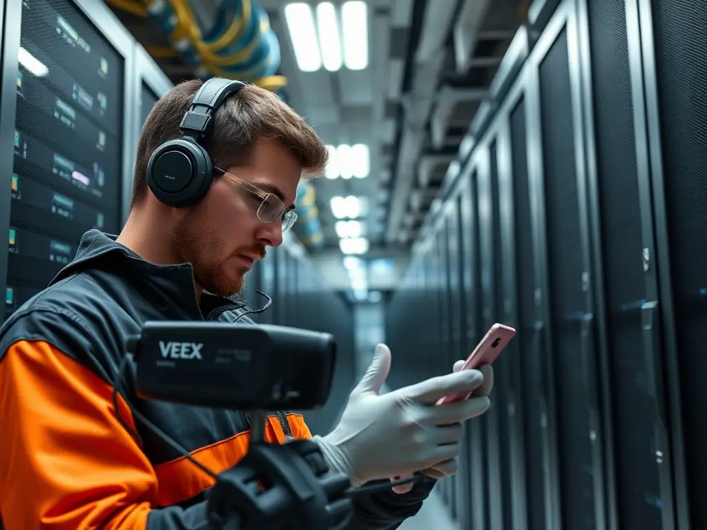 A technician using an OTDR (Optical Time Domain Reflectometer) to test a fiber optic cable, highlighting the use of advanced diagnostic tools.