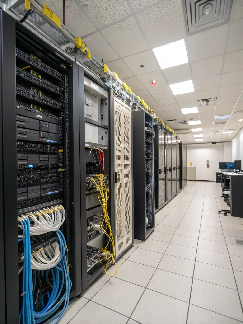 A structured cabling system with neatly organized cables running through a modern office environment, highlighting the importance of organized infrastructure.